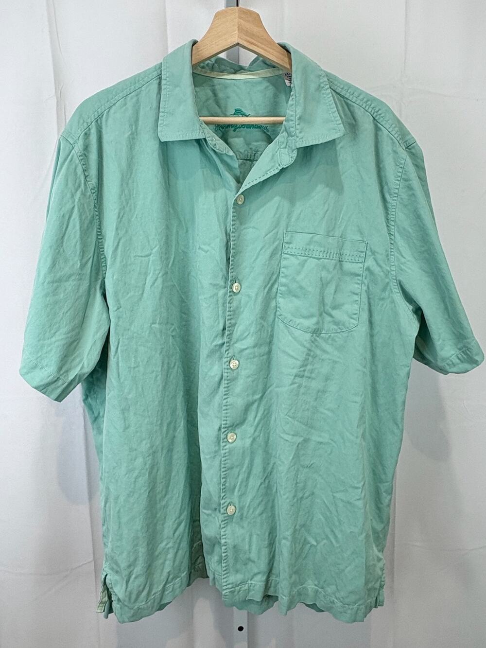 TOMMY BAHAMA XL Catalina Twill Stretch Camp Shirt Short Sleeve Button Up Green